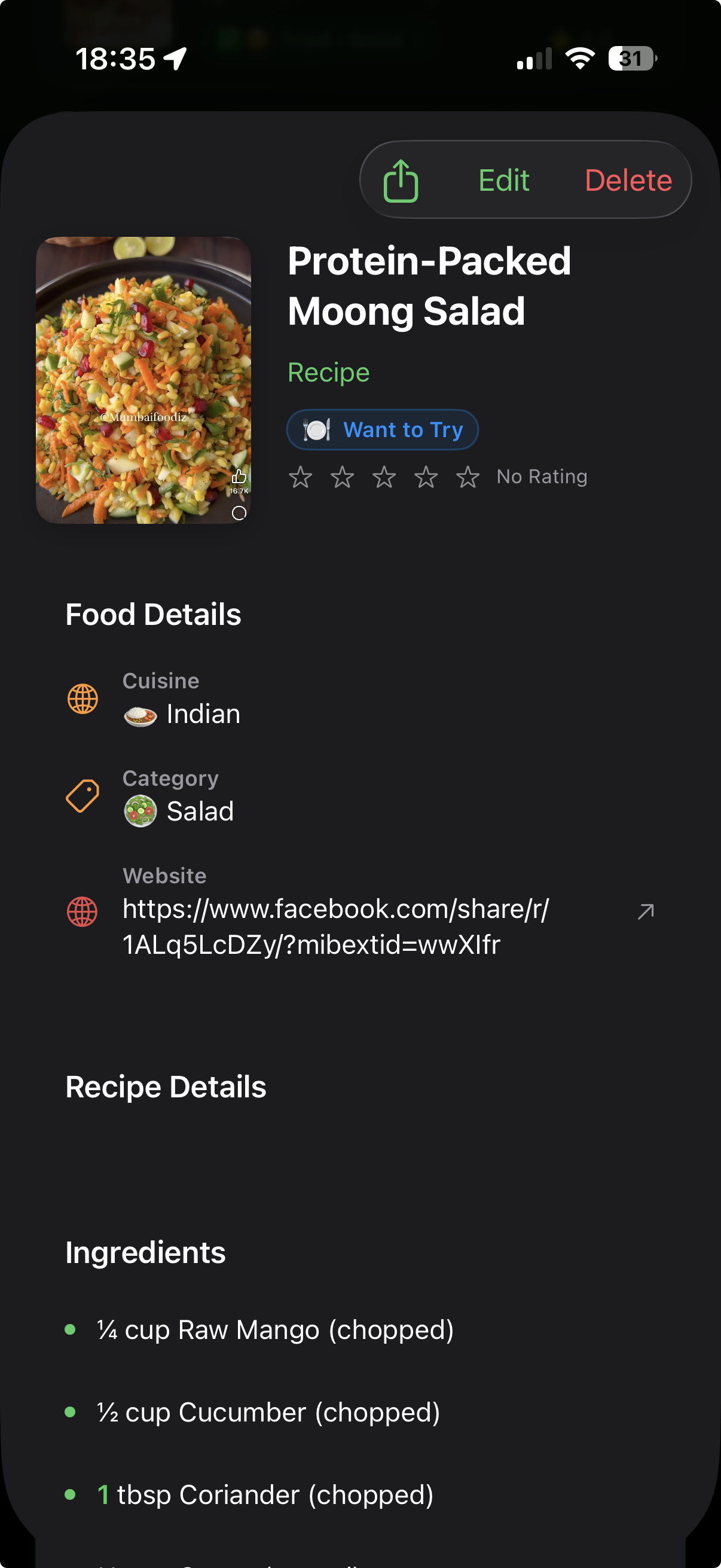 Food detail screen