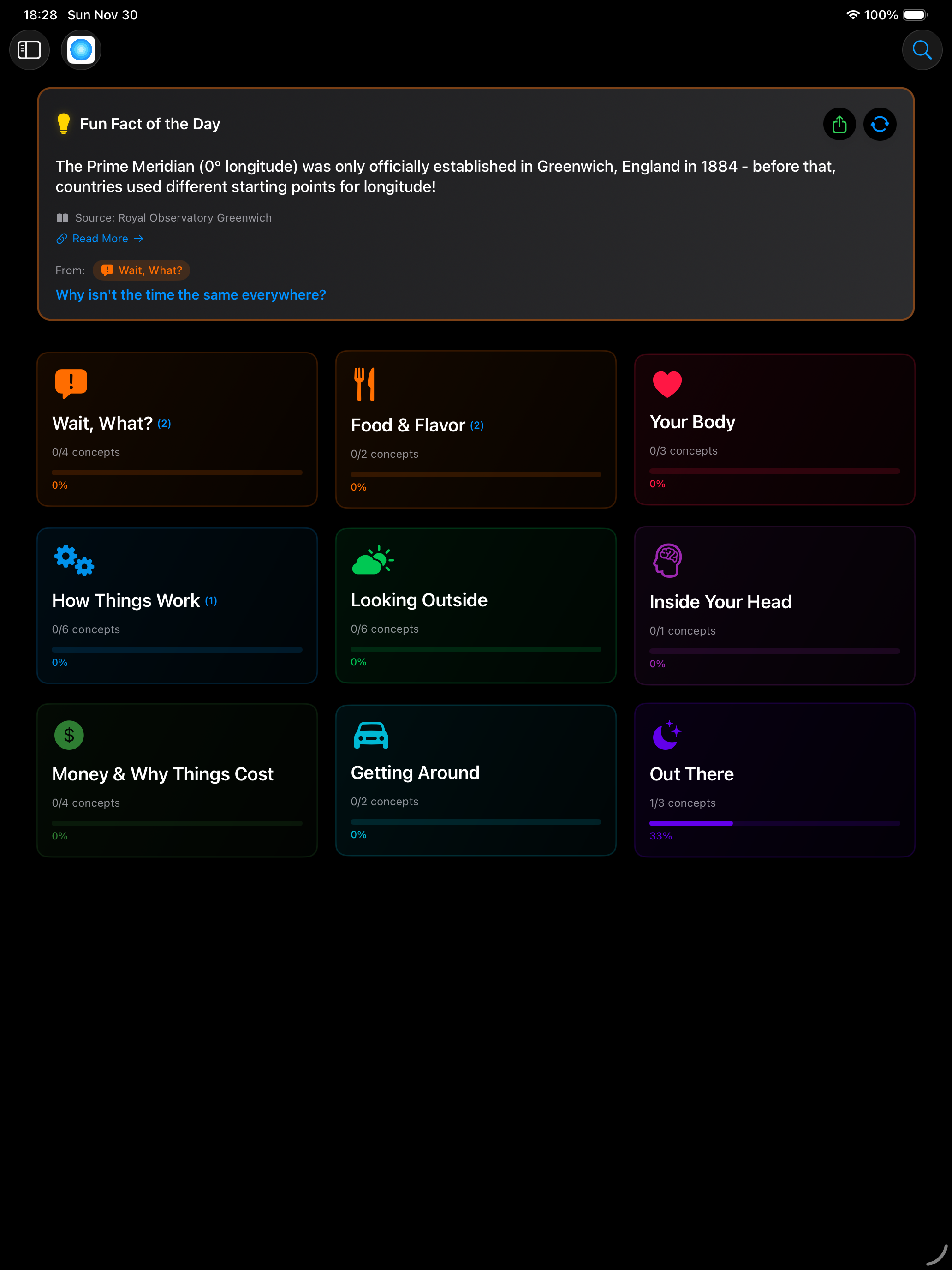 Main iPad screen of BitOfEverything: Explained app showing questions and categories