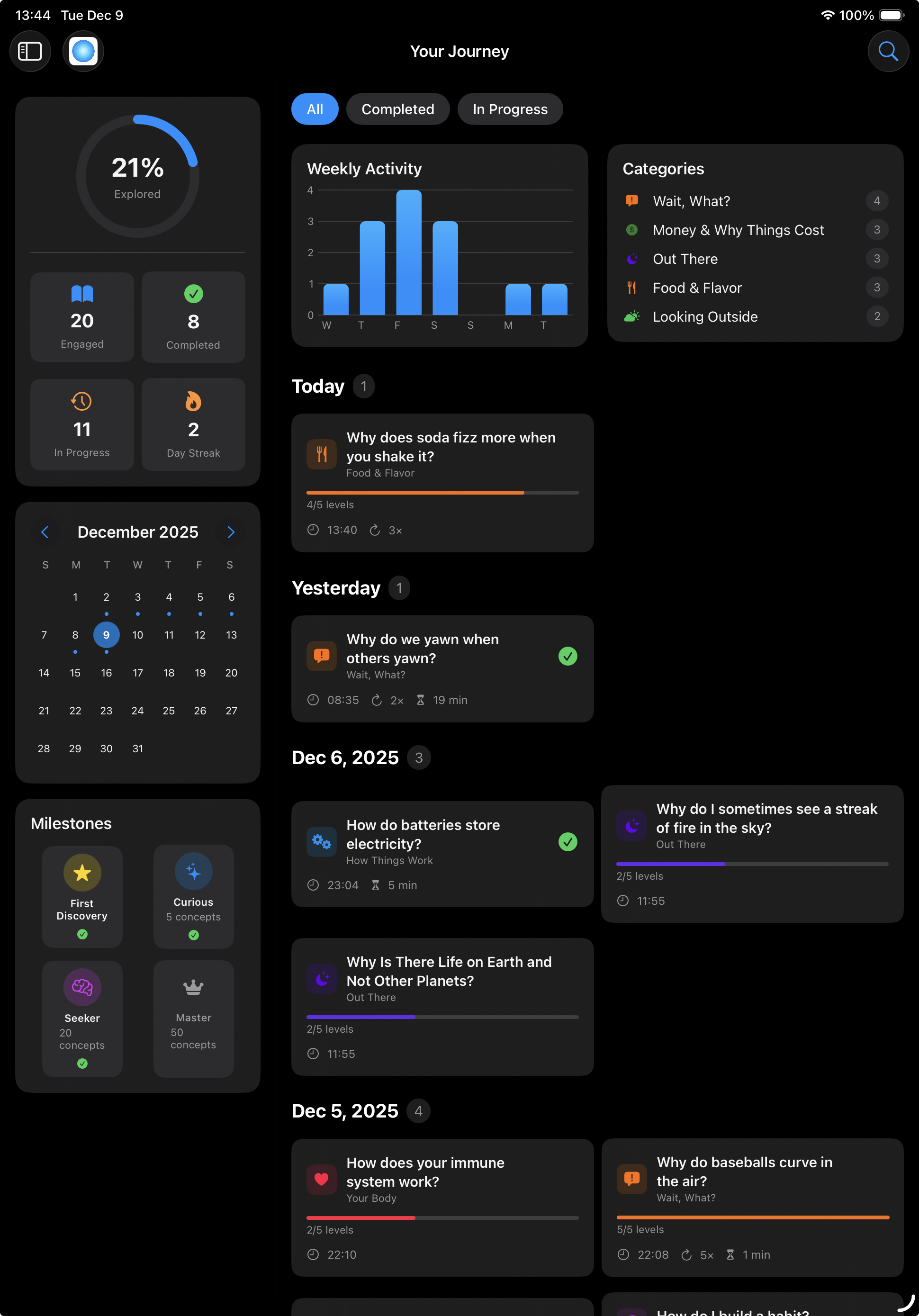 Reading timeline and streak progress inside the BitOfEverything app