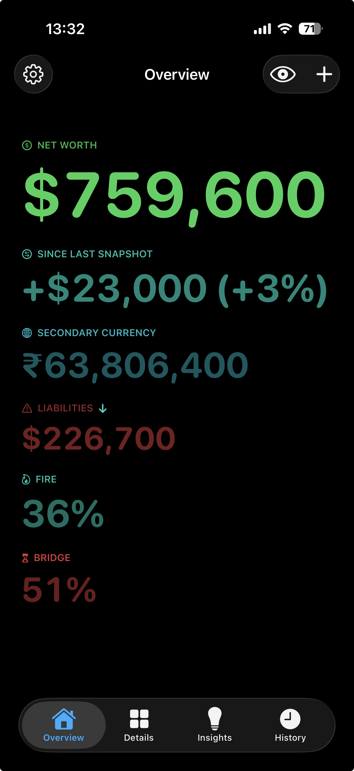 Finance Forest net worth screen on iPhone