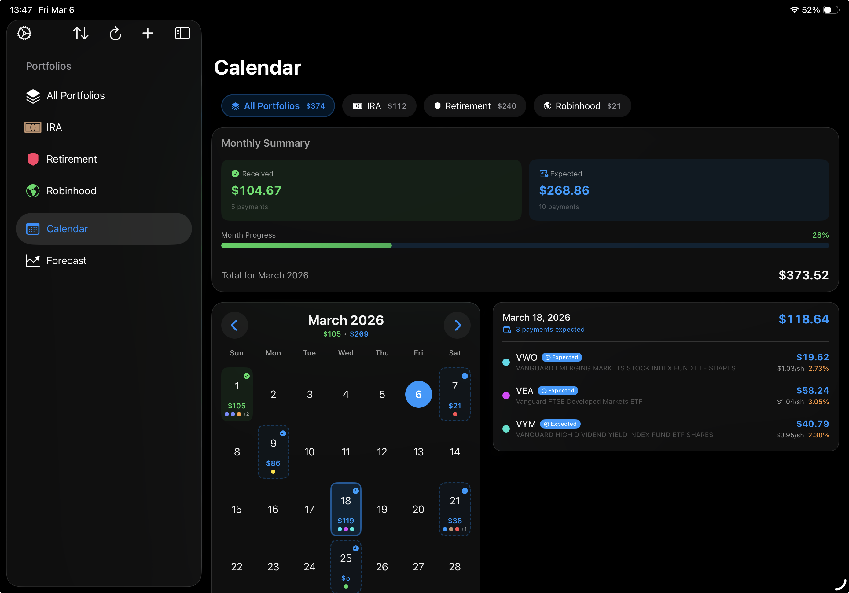 Dividend calendar monthly view